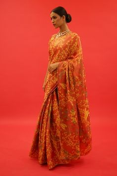 Orange tissue saree with floral hand painting and hand embroidered borders. Comes with an unstitched blouse piece. - Aza Fashions Orange Semi-stitched Saree With Resham Embroidery, Semi-stitched Multicolor Embroidered Tissue Silk Saree, Orange Semi-stitched Saree, Unstitched Orange Saree, Orange Saree With Printed Border, Orange Saree, Tissue Saree, Hand Painted Sarees, Printed Sarees