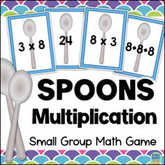 three spoons with numbers on them and the words spoons multiplication