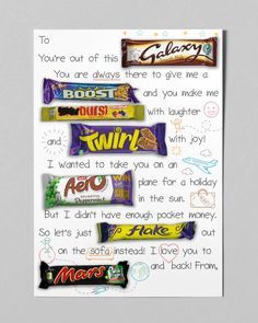 a card with candy bars on it and the words, you're out of this world