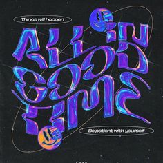 an artistic poster with the words all glory gone in purple and blue ink on a black background