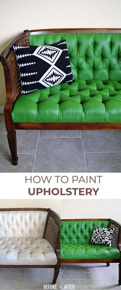 the before and after photos show how to paint an upholstery couch