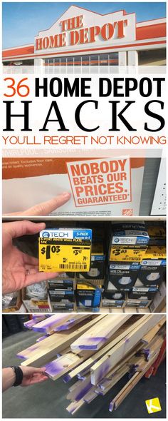 a store shelf filled with wooden planks and the words home depot hacks you'll regre not know