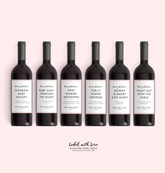 six bottles of wine with labels on them, all labeled in black and white text