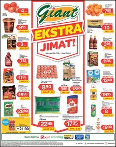 the flyer for giant extra jumat is shown in red, white and green colors