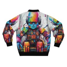 Unleash your inner visionary with this vibrant, eye-catching bomber jacket featuring a futuristic robot design. This jacket is a blend of bold, colorful artistry and modern streetwear, making it a standout addition to any wardrobe.  The front and back showcase a mesmerizing array of colors--blues, oranges, and purples--interwoven with intricate robotic details that give the jacket a unique, tech-savvy appeal.  Crafted with a comfortable fit and made from high-quality materials, this bomber jacket is perfect for those who want to make a bold statement in both style and personality. Whether you're heading out for a casual day or a night on the town, this jacket will ensure all eyes are on you.   .: Material: 100% polyester .: Full front metal zipper closure .: Two lined welt pockets at front Multicolor Graffiti Print Outerwear For Streetwear, Urban Multicolor Outerwear For Streetwear, Multicolor Urban Outerwear For Streetwear, Multicolor Graphic Print Outerwear For Streetwear, Futuristic Robot, Modern Streetwear, Kings Man, Tech Savvy, Robot Design