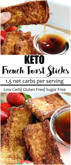 keto french toast sticks with strawberries and syrup