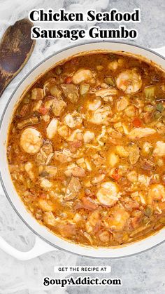 chicken seafood sausage gumbo in a white pot