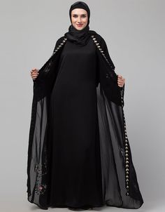 Black Shine Nida Black Embroidery With Colourfull Flowers Abaya for Party very comfortable and easy to wear fit for all daily wear Abaya Back close with loop, button & zip, easy to wear Dress belongs to the embroidery work with glass stone at the front and sleeves Hijab and band shown in the image can be bought separately Fabric: PartyCare: Mild machine wash/ hand Cold Wash/Dry cleanWe request customers to carefully choose the correct size and dress length referring to our size chart Embroidery Abaya, Casual Abaya, Moroccan Caftan, Black Embroidery, Hip Dress, Embroidery Work, Waist Dress, Muslim Fashion, Dress Length