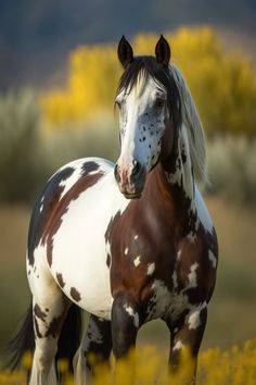 a brown and white horse standing on top of a lush green field filled with yellow flowers