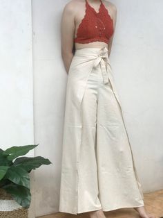 Bali Pants Outfit, Wrap Trousers Outfit, Linen Wrap Pants, Pants With Slits On The Side, Wrap Pants Outfit, Wrapping Pants, Traditional Drape Summer Festive Pants, Diy Wrap Pants, Beach Linen Pants