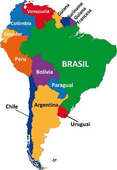 a map of south america with all the major cities and their respective countries labeled in bright colors