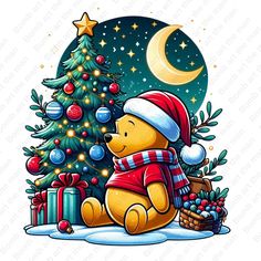 a winnie the pooh christmas bear sitting in front of a tree