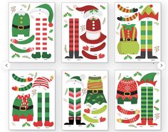 four christmas cards with santa claus, elfs and snowmen in green and red