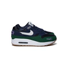 Nike Womens Air Max 1 '87 QS (Obsidian/Midnight Navy/Gorge Green) | Concepts Green Nike Sneakers For Sports Events, Nike Running Shoes With Air Max Cushioning For Sports, Classic Sneakers For Sports Events, Functional Nike Sneakers For Sports Events, Nike Sneakers With Cushioned Footbed For Sports, Nike Throwback Custom Sneakers For Sports, Nike Functional Sneakers For Sports Events, Sporty Custom Sneakers With Air Max Cushioning, Nike Custom Sneakers For Sports Events