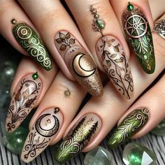 Yule Nail Designs, Lord Of The Rings Nail Art, Pagan Nail Art, Celtic Nail Art, Steampunk Nails Designs, Yule Nail Art, Viking Nail Art, Pagan Nails, Goddess Nails Designs