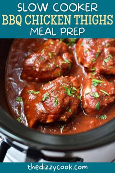 slow cooker bbq chicken thighs meal prepped in the crock pot with text overlay