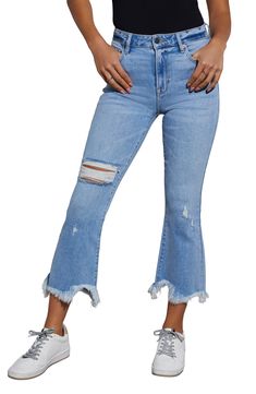 Dramatic distressing adds the ulitmate laid-back vibe to these stretch-denim jeans styled with flared legs and a faded finish. Zip fly with button closure Five-pocket style 93% cotton, 5% polyester, 2% spandex Machine wash, tumble dry Imported Crop Flare Jeans, Denim Jeans Fashion, Vici Collection, Crop Flare, Cropped Flare Jeans, Cropped Flares, Jeans Style, Flare Jeans, Stretch Denim