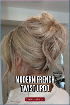 Modern French twist updo is a perfect messy updo you can rock at parties and for more formal occasions as well. Depending on the occasion, you can make your updo look messier or more polished. @lebrunetteco Messy Updo Curtain Bangs, Romantic French Twist, French Twist Updo Front View, Textured French Twist Updo, French Twist Updo Medium Hair, Updos With Volume On Top, Rehearsal Dinner Updo, Loose French Twist Updo, Loose French Twist Wedding