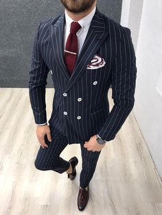 Louis Slim Fit Double Breasted Navy Suit – BJN Double Breasted Pinstripe Suit, Tie Chain, Navy Suit Wedding, Pants Gift, Shirt Tie, Fashion Suits For Men, Navy Suit, Pinstripe Suit, Mens Fashion Classy