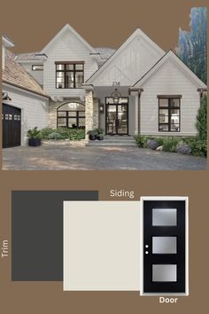 the front and side view of a house with white siding, dark brown door, and light gray shingles