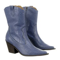 Inspired by the Wild West, these cowgirl boots will make you want to “giddy up” all around town. Their blue denim shade will look ultra-chic with a matching denim outfit. Made of quality, embossed leather, these boots will go with almost anything in your closet. Wear them in the summer with a mini dress or in the fall with stylish leather pants for a night of line dancing. Their small heel will give you a little added height while still providing some ankle support and loads of comfort. Small He Blue Boots Outfit Ankle, Blue Boots Outfit, Blue Boots, The Wild West, Ankle Support, High Quality Shoes, In The Fall, Denim Outfit, Cowgirl Boots