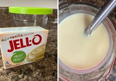 two pictures side by side, one with jello and the other with yogurt