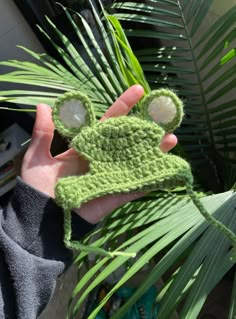 a hand holding a green crocheted hat in front of a palm tree branch