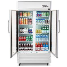 an open refrigerator filled with lots of drinks and sodas in it's doors