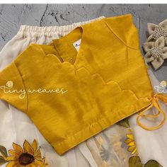 Blouse Ideas For Organza Sarees, Yellow Blouse Designs, Hand Painted Organza, Off White Skirt, Long Blouse Designs, Best Blouse Designs, Kids Blouse Designs