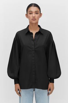 Women's Poplin Balloon Sleeve Shirt in Black | Size: Small | Organic Cotton Blend by Cuyana | Women's Poplin Balloon Sleeve Shirt in Black | Size: Small | Organic Cotton Blend by Cuyana Recycled Buttons, Balloon Sleeve Shirt, Effortless Outfit, Organic Cotton Yarn, Gathered Sleeves, Collar Shirt, Sarong, Classic Elegance, Prague