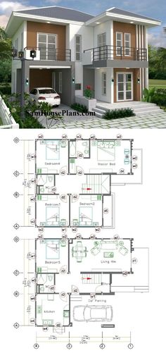 two story house plan with garage and living room in the middle, one bedroom on each floor