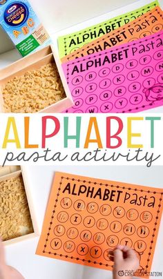 alphabet pasta activity for kids to practice their handwriting and spelling with the help of an adult