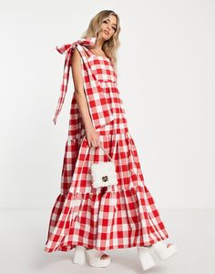 Maxi dress by Sister Jane Cute dress Check print Square neck Tie straps Tiered skirt Regular fit Red Gingham Dress, Sister Jane, Pretty Blouses, Jane Dress, Bow Back, Red Gingham, Tiered Maxi Dress, Gingham Dress, Daily Dress