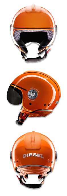 three different views of an orange motorcycle helmet with the word diesel on it's side