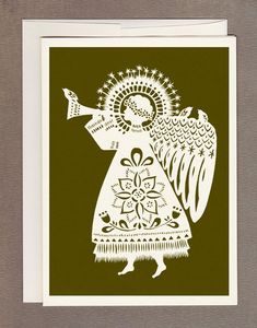 a card with an angel holding a trumpet in it's right hand and wearing a green dress