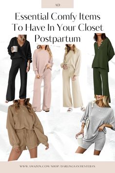 four different outfits with the words essential comfy items to have in your closet postpartum