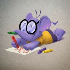 an elephant laying on the ground with some crayons