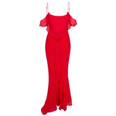 This red chiffon long dress is a stunning piece that will make you stand out from the crowd. The ruffle design and rosette back add a touch of playfulness to the elegant silhouette. The adjustable straps provide a customized fit, ensuring comfort throughout the day or night. Perfect for any special occasion, this dress is sure to make you feel confident and glamorous. Dry Clean only and Made in Los Angeles 100% Polyester Red Dress With Ruffled Straps For Party, Red Ruffled Dress For Gala, Chiffon Maxi Dress With Ruffled Straps For Evening, Evening Chiffon Maxi Dress With Ruffled Straps, Evening Silk Chiffon Maxi Dress With Ruffles, Chic Chiffon Gown With Ruffles, Red Ruffle Dress For Summer Evenings, Red Ruffle Dress For Evening In Summer, Red Ruffled Maxi Dress For Wedding