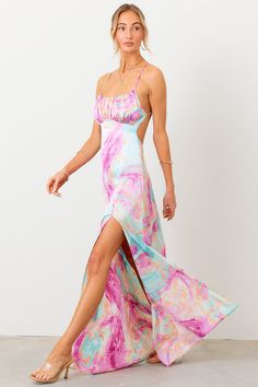 Pink/Blue Printed Open Back Maxi Dress Printed Dress, Pink Maxi Dress With Abstract Print, Pink Floral Print Backless Maxi Dress, Pink V-neck Tropical Maxi Dress, Tropical V-neck Maxi Dress With Vibrant Print, Vibrant Print V-neck Beach Dress, Open Back Maxi Dress, Spaghetti Strap Maxi Dress, Marble Print