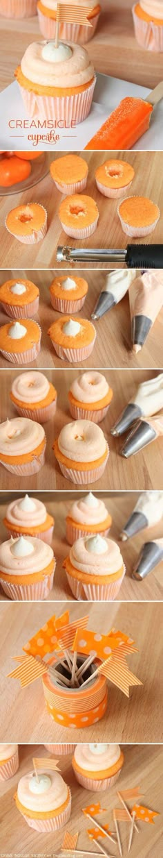 there are many cupcakes that have been cut in half and placed on top of each other