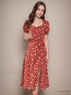 Lasaky - Asymmetric Bubble Sleeve Tea Break Long Dress with Side Slit and Floral Pattern Monochrome Design, Tea Break, Bubble Sleeve, Types Of Skirts, Types Of Collars, High Waisted Skirt, Long Dress, Designer Dresses, Floral Pattern