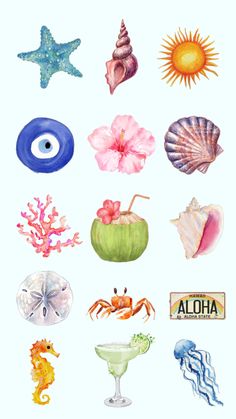 watercolor painting of different types of sea animals and seashells on a white background