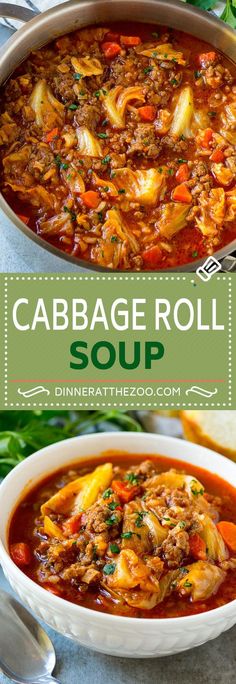 cabbage roll soup in a white bowl with the title above it