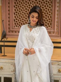 Noor Badli - White & Grey Gota Mirror Work Palazzo Kurta Set (Set of 3) By Maison Shefali now available at Trendroots Psychologist Outfit, Mirror Work Kurti, Palazzo Kurta, Kurta Set For Women, White Kurta, White Mirror, Dresses Indian, Embroidered Neckline, Shalwar Kameez