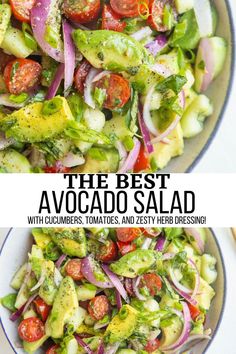 the best avocado salad with cucumbers, tomatoes and pesto dressing