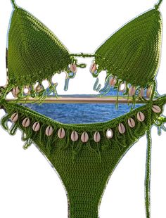 Handmade Beachy Swimwear For Beach Season, Handmade Green Swimwear For The Beach, Handmade Green Swimwear For Beach, Handmade Green Swimwear For Vacation, Handmade Beachy Swimwear For Summer, Strand Shell Necklace For Summer Beach, Cowrie Shell For Vacation And Summer, Beach Season Cowrie Shell, Beachy Cowrie Shell For Beach Season