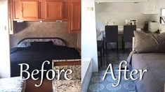 before and after photos of a living room with couch, kitchenette and dining table