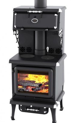 a stove that is sitting in front of a white background with the door open and flames coming out