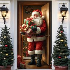 a santa clause standing in front of a door with presents