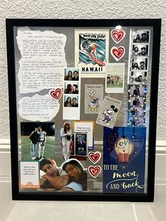 a collage of photos, pictures and words in a black frame with the word to the moon and back written on it